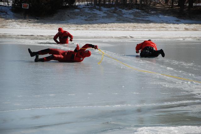 Rolling to keep from breaking through thin ice.