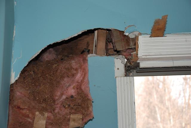 Wall damage immediately over blast location.
